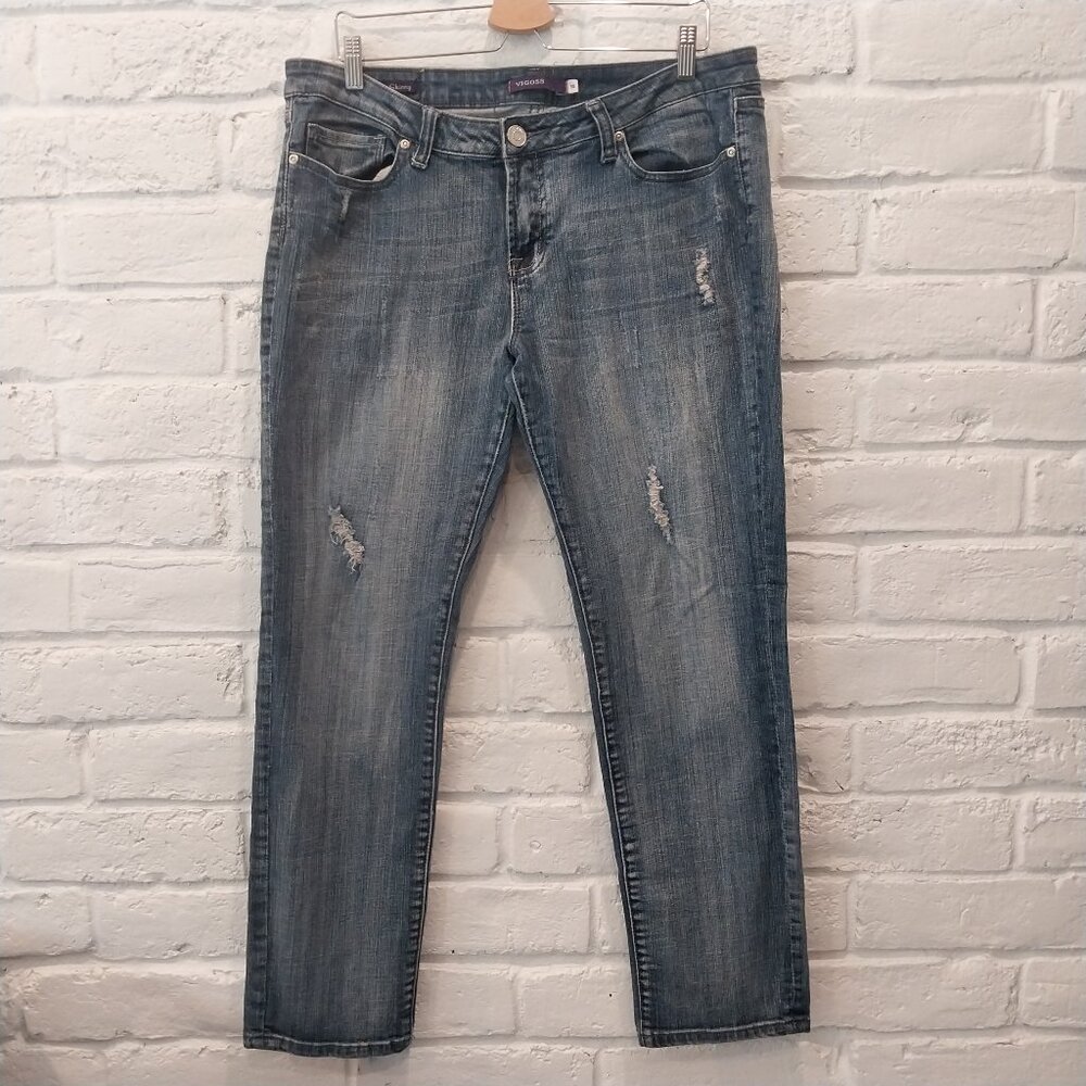 Vigoss Skinny Jeans Womens Juniors 15 Waist 36 Med Rise Blue Distressed Stretch.